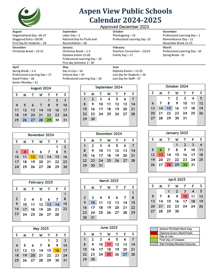 School Calendar one pager for 2024-2025