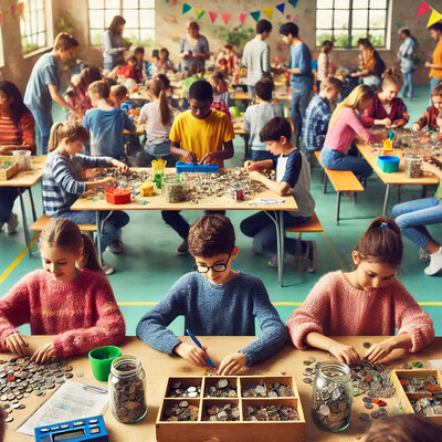 A lively and heartwarming scene of students of diverse ages counting collections in a classroom or school gymnasium.