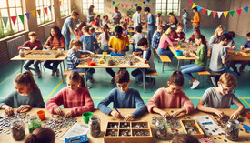 A lively and heartwarming scene of students of diverse ages counting collections in a classroom or school gymnasium.