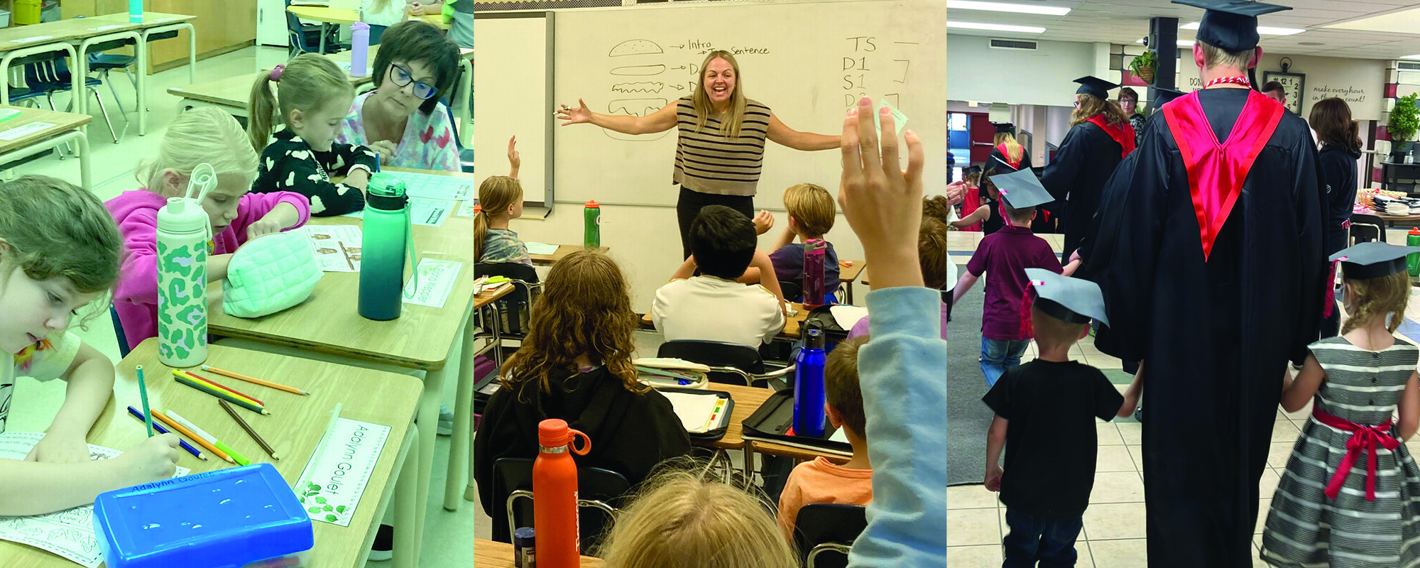 Students working in classroom; teacher in front of class, grade 12 and Kindergarten graduates