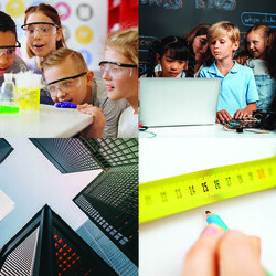 Collage of STEM images: Closeup of hands with Measuring tape and pencil; skyscrapers, bottom up view; Skilled kids learning to program remote car. Schoolgirl in pink cloth use laptop for coding. Other child watch her code while teacher watch her. motherbo